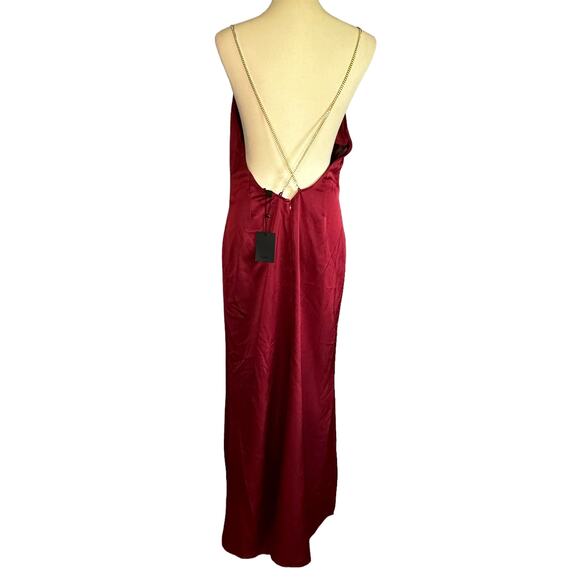 NBD Red Satin Maxi Slip Dress MEDIUM Gown Cowl Backless Slit Formal $258 NEW - Picture 7 of 9